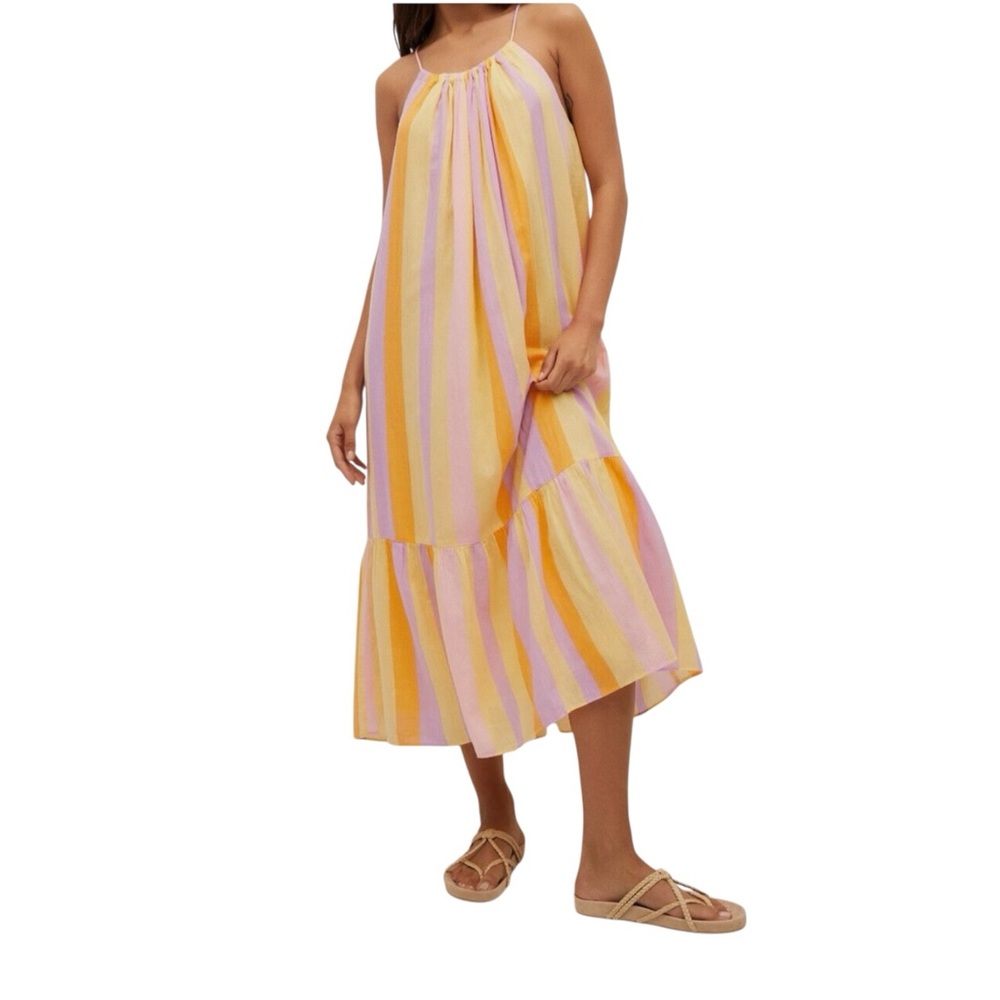 Mango Striped Flowy Maxi Summer Halter Dress Bright Yellow Pink Orange Size 8